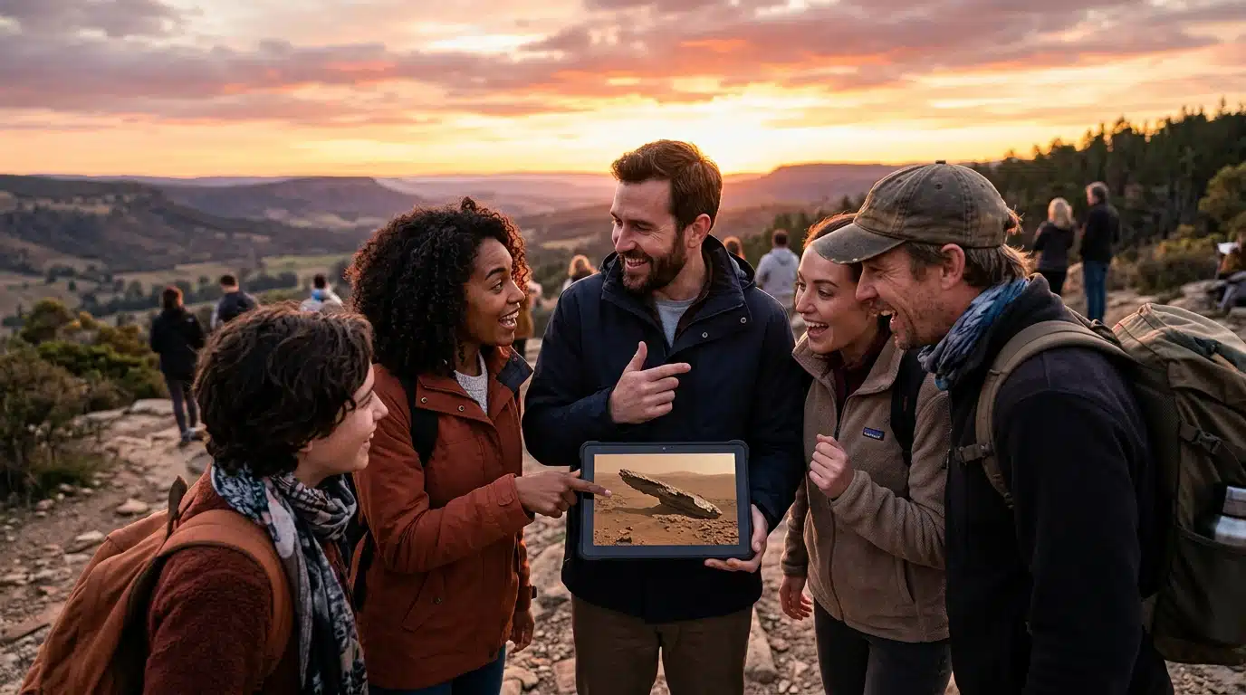 Groupe de personnes discutant d'une découverte sur Mars