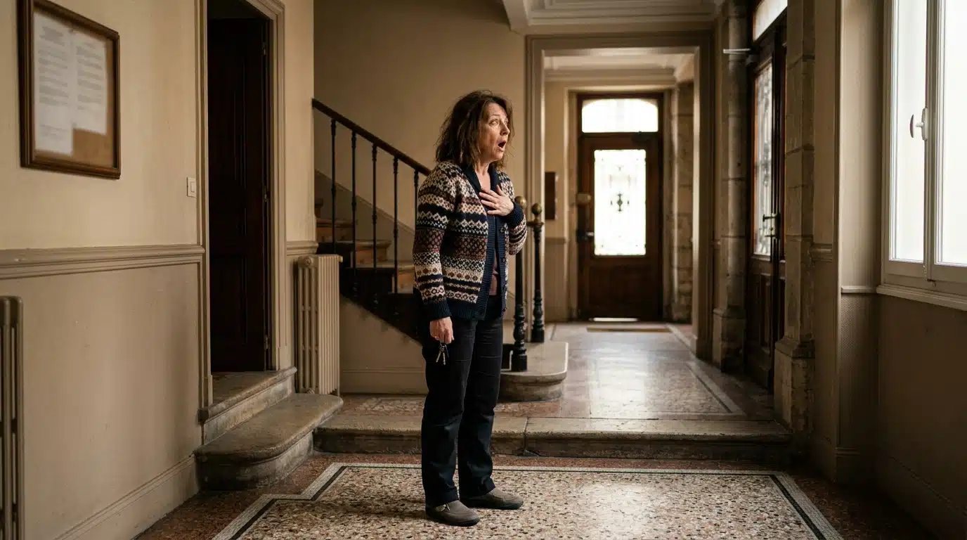 Résident inquiet dans le hall d'un immeuble parisien