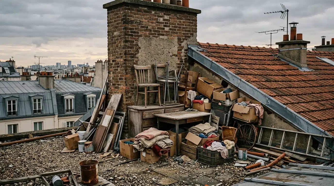 Objets entassés sur le toit d'un immeuble