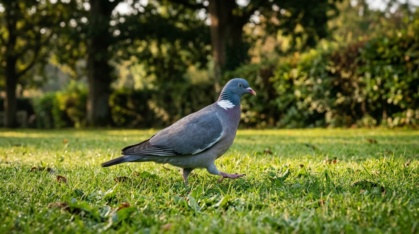 Pigeon ramier gris marchant sur une pelouse verte