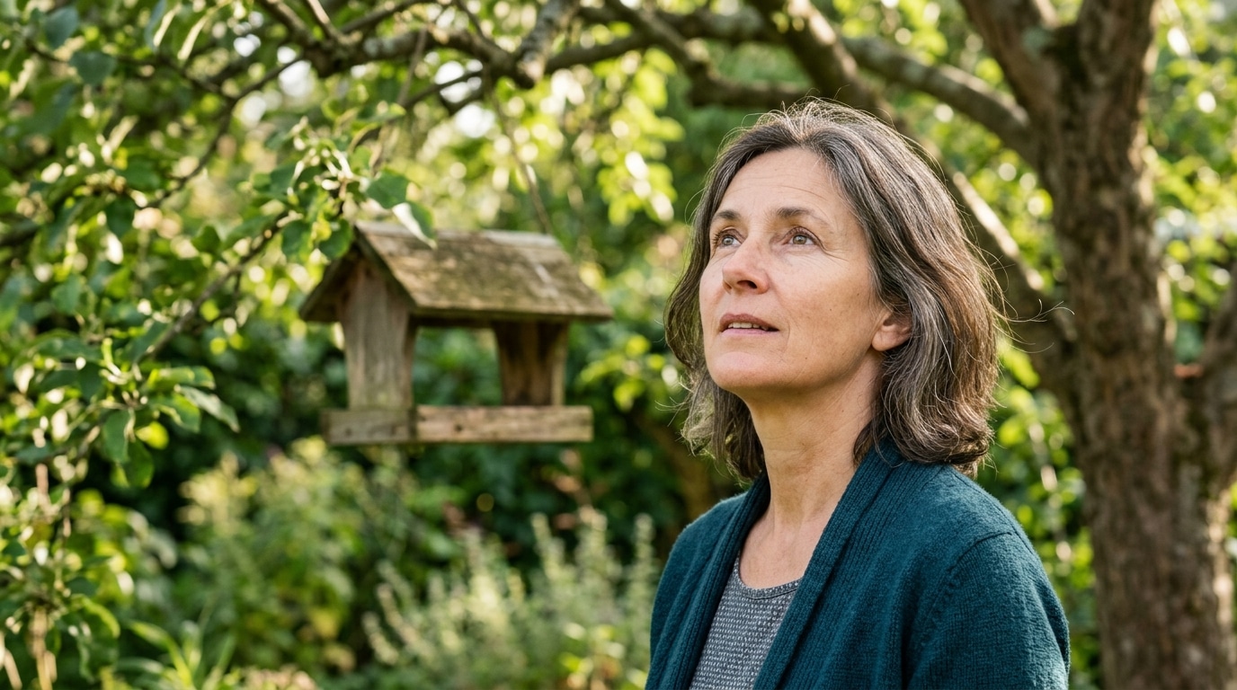 Personne observant un oiseau perché dans un arbre du jardin
