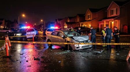 Scène d'accident de voiture nocturne avec gyrophares de police