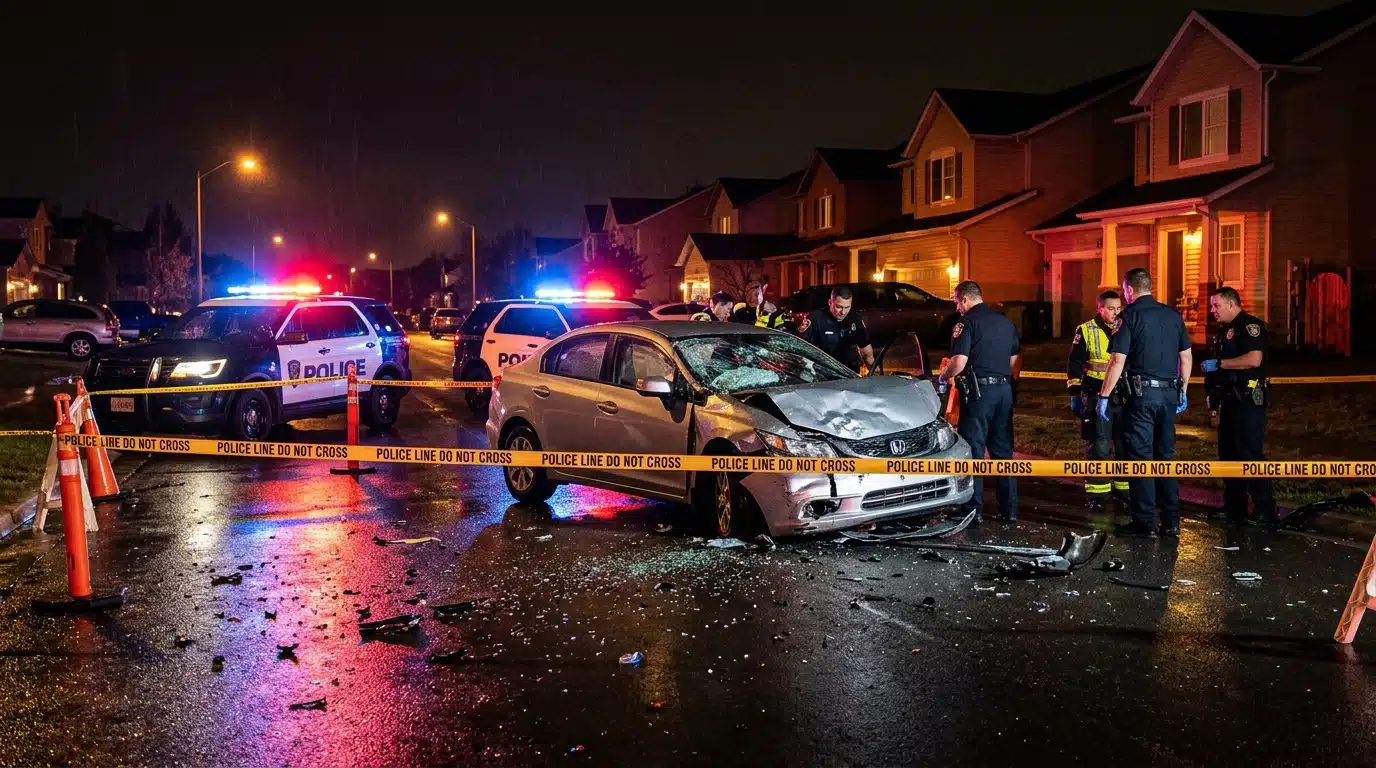 Scène d'accident de voiture nocturne avec gyrophares de police