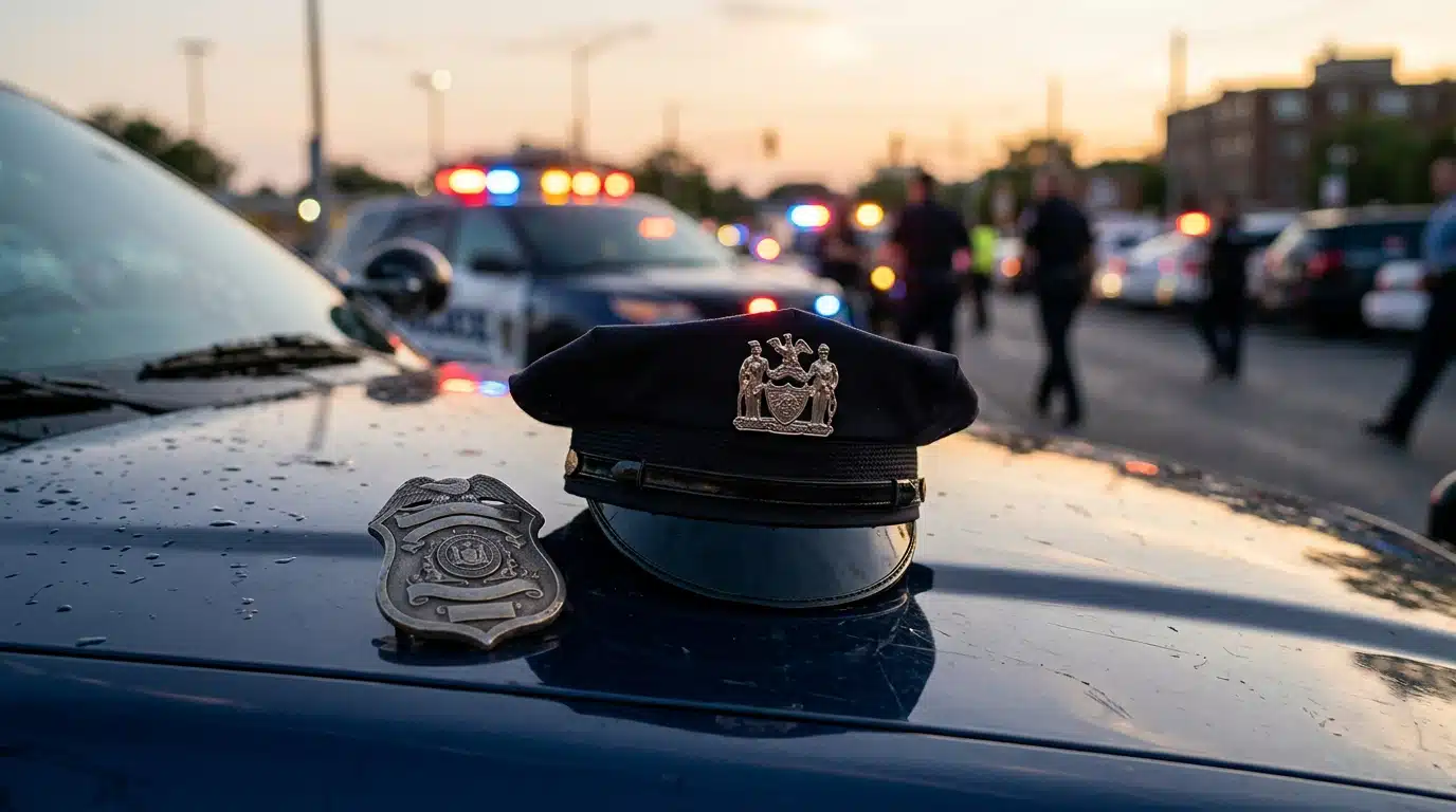 Badge et casquette de policier posés sur un véhicule au crépuscule