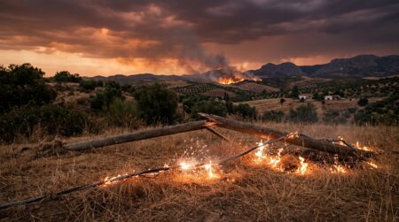 Poteau électrique tombé déclenchant un incendie rural