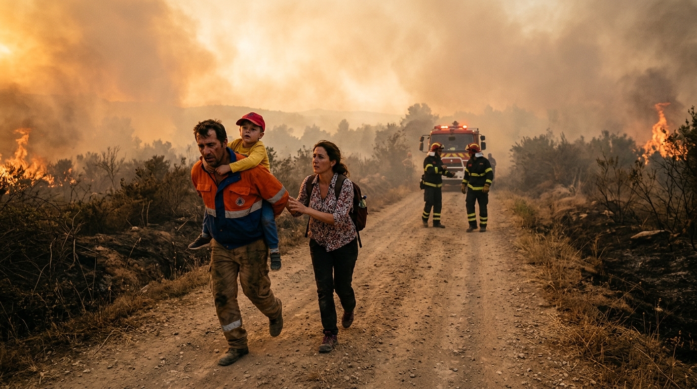 Habitants fuyant les flammes sur un chemin de campagne