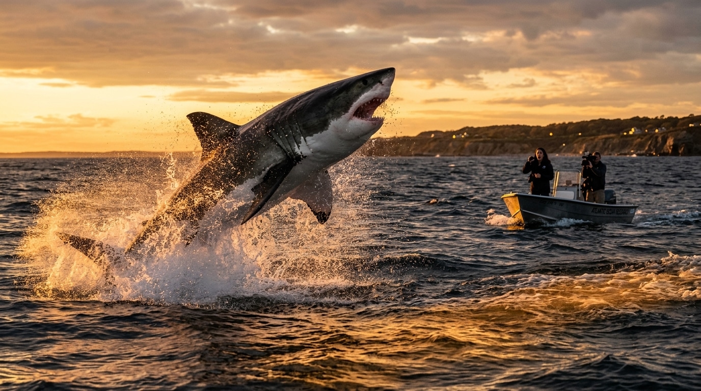 Grand requin blanc nageant près de la surface de l'Atlantique