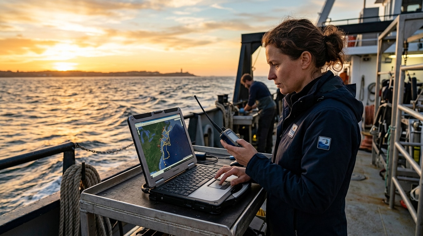 Scientifique suivant le signal GPS du requin sur un bateau