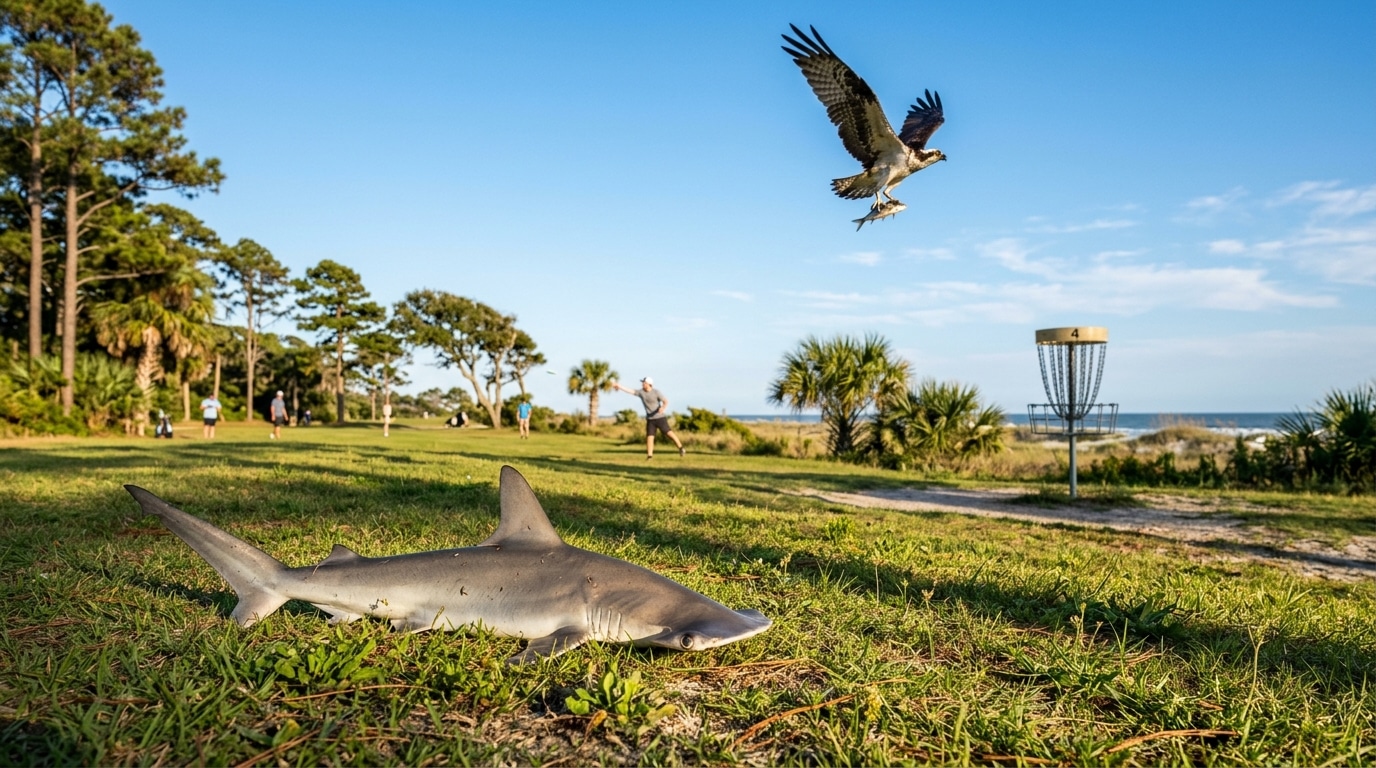 Requin-marteau échoué sur l'herbe près d'un parcours