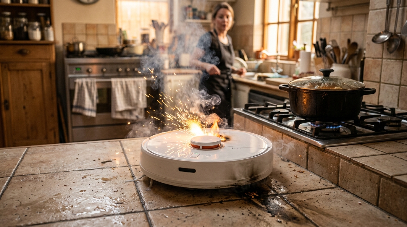 Robot aspirateur qui prend feu dans une cuisine