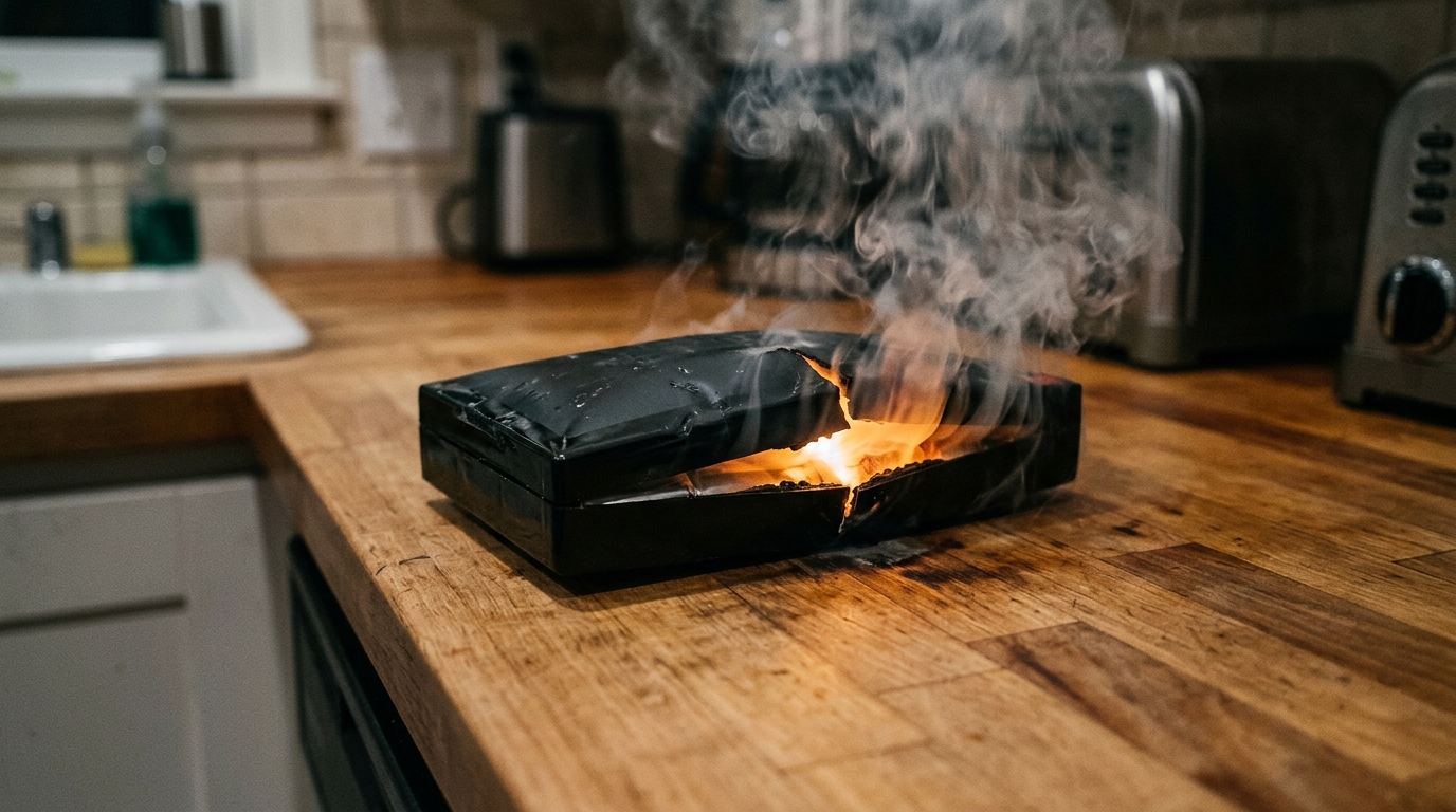 Batterie lithium gonflée et fumante sur un plan de travail