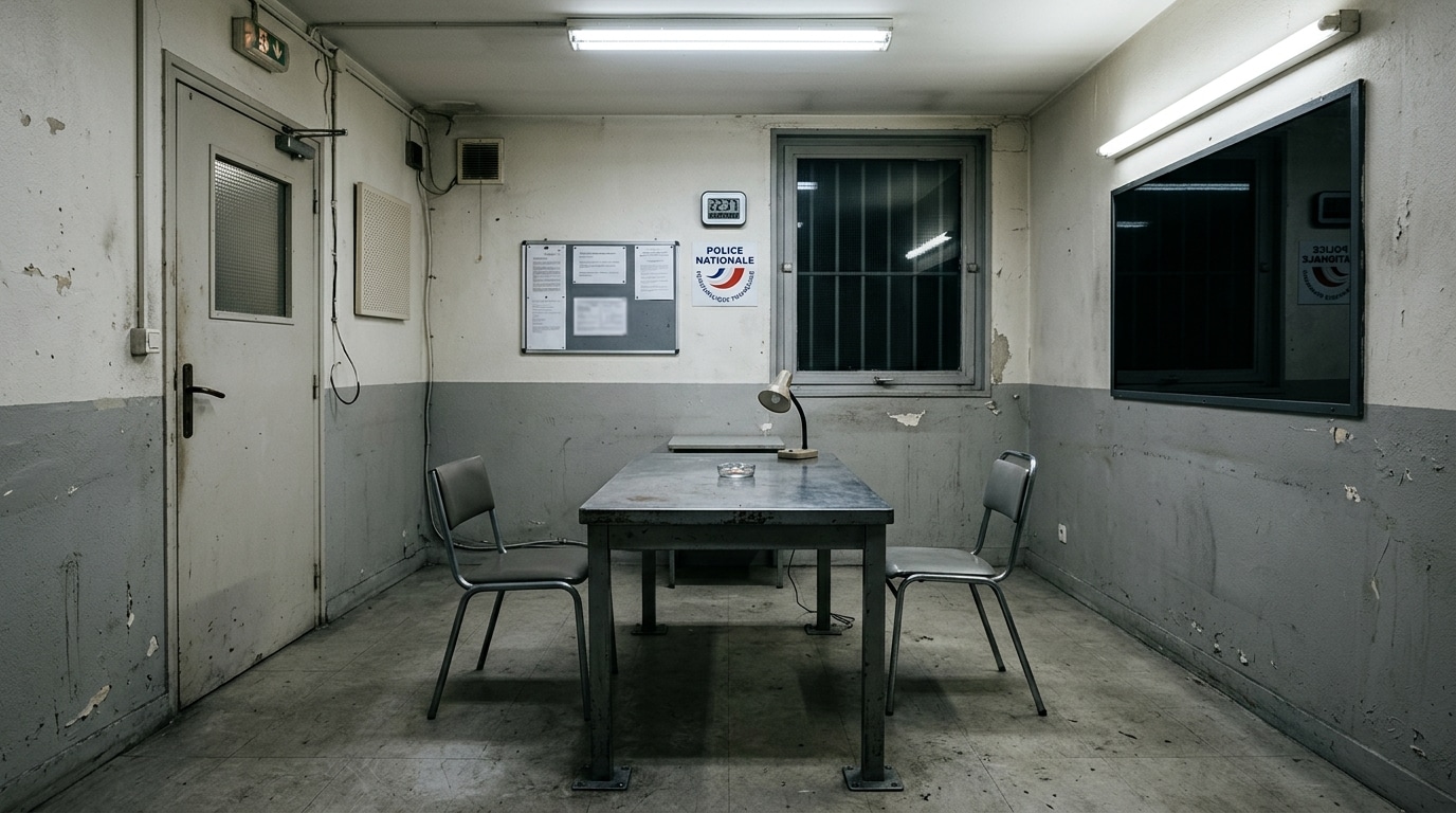 Salle d'interrogatoire vide dans un commissariat français