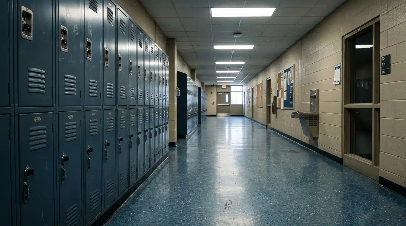 Couloir de lycée vide et froid, lieu du règlement de comptes de Clara