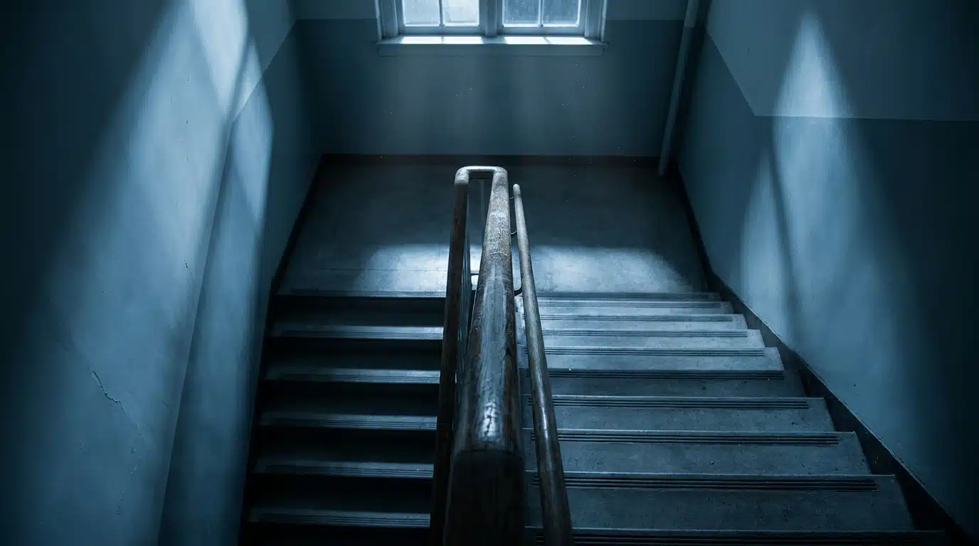 Escalier de lycée vu de haut, ambiance sombre et dramatique évoquant la violence subie par une adolescente