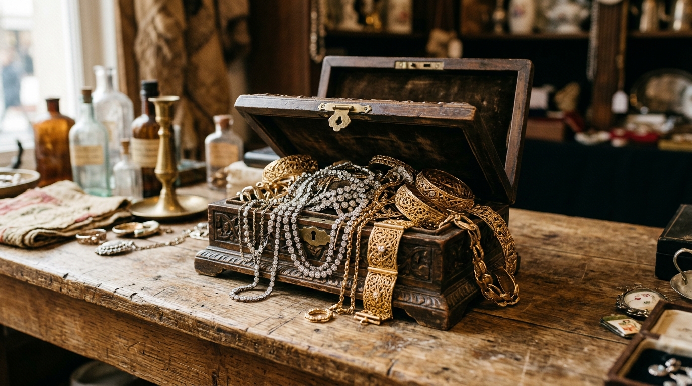 Coffret de bijoux anciens débordant de colliers en diamants sur un comptoir en bois