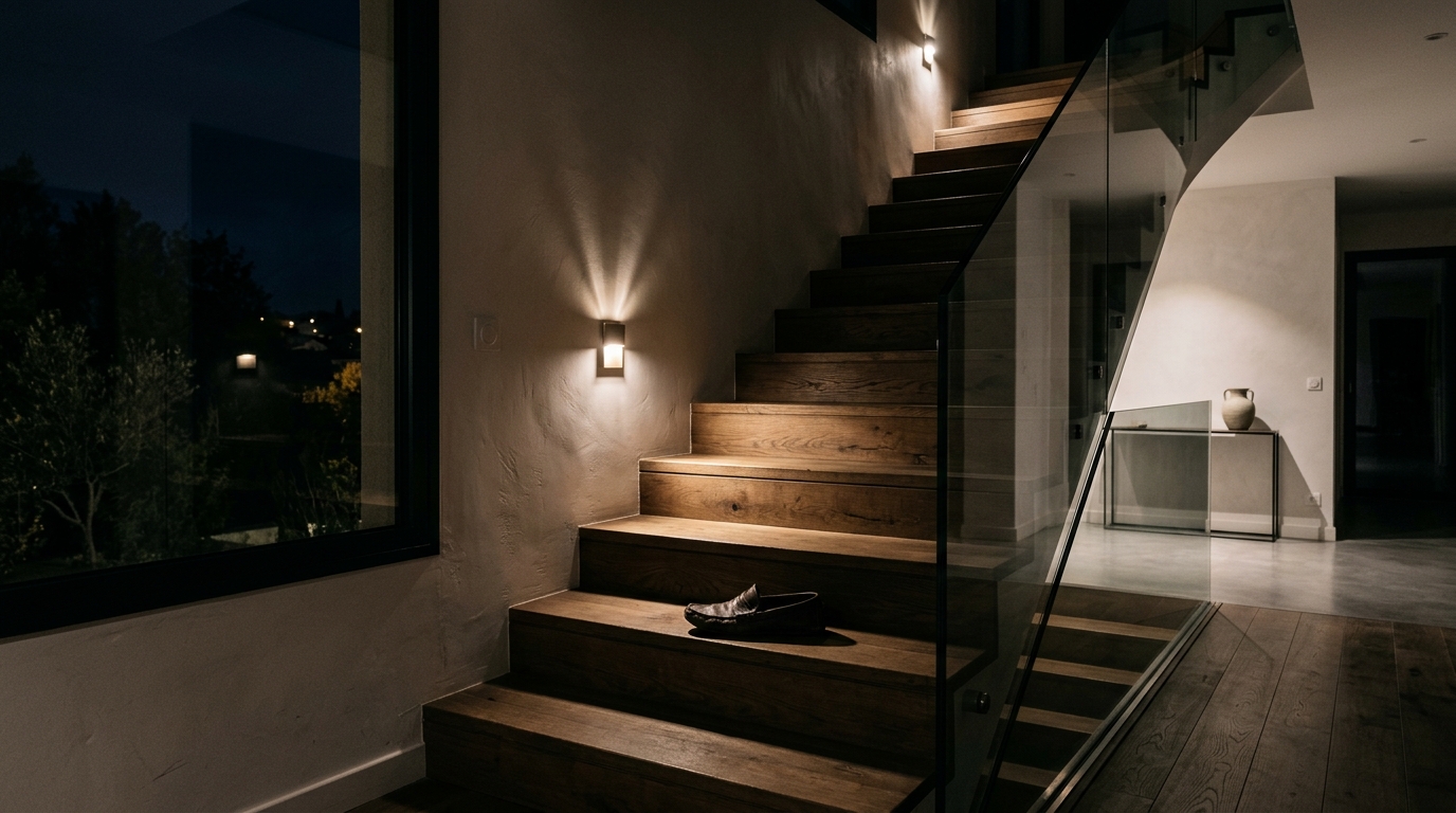 Escalier vide avec chaussure tombée dans l'obscurité