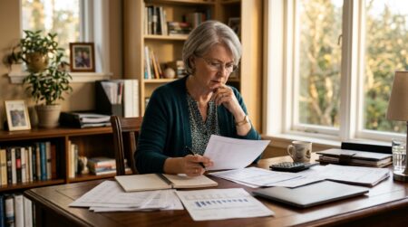 Femme senior examinant des relevés bancaires à son bureau