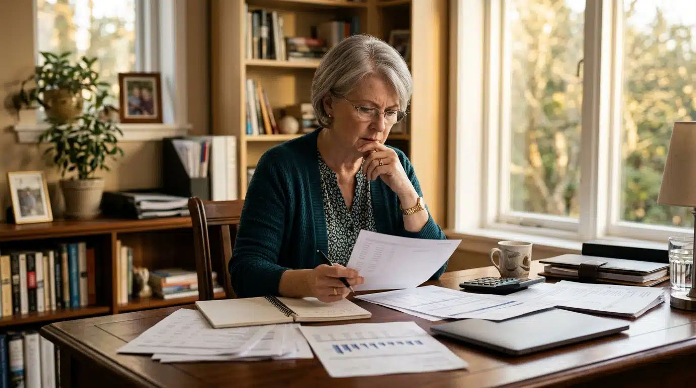 Femme senior examinant des relevés bancaires à son bureau