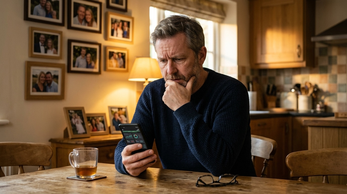 Homme consultant une application bancaire avec inquiétude