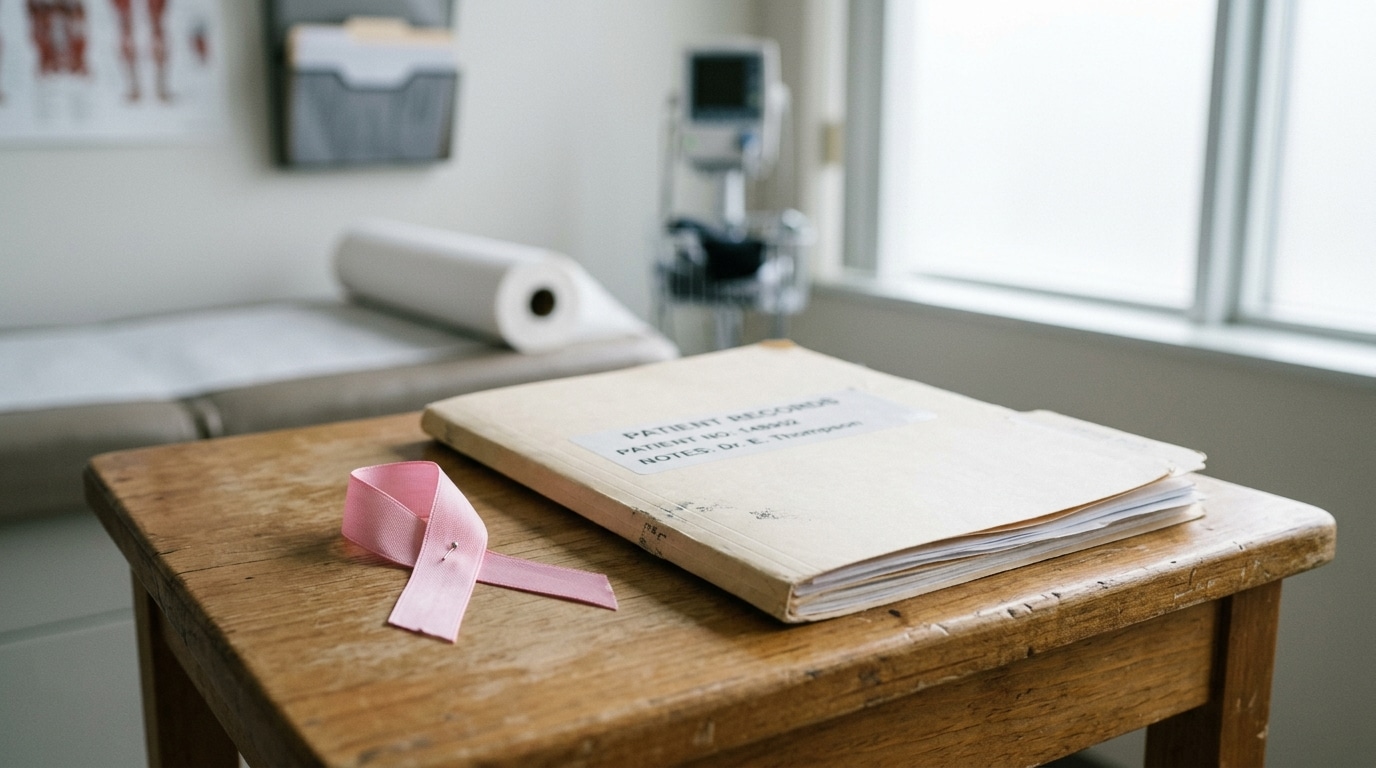 Ruban rose et dossier médical sur une table d'examen