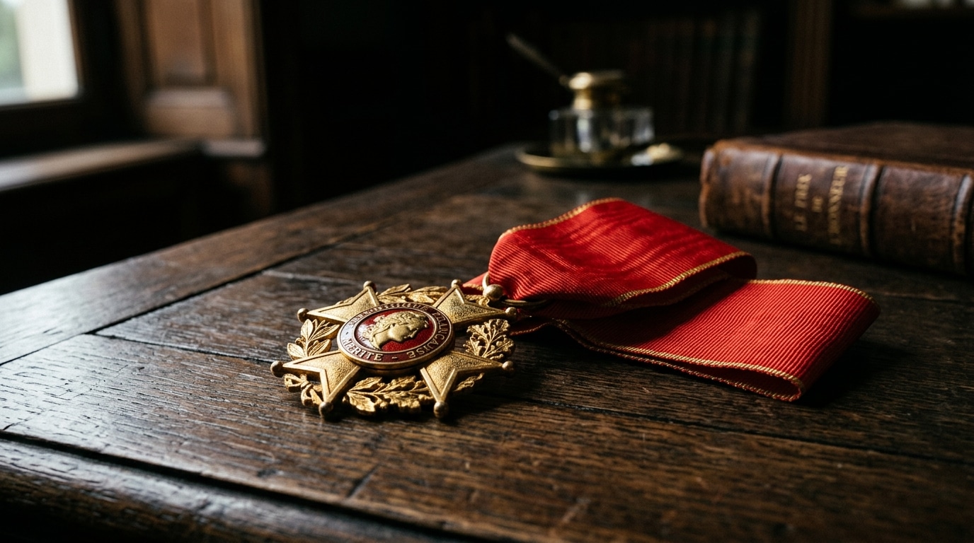 Médaille dorée avec ruban rouge sur bureau en bois