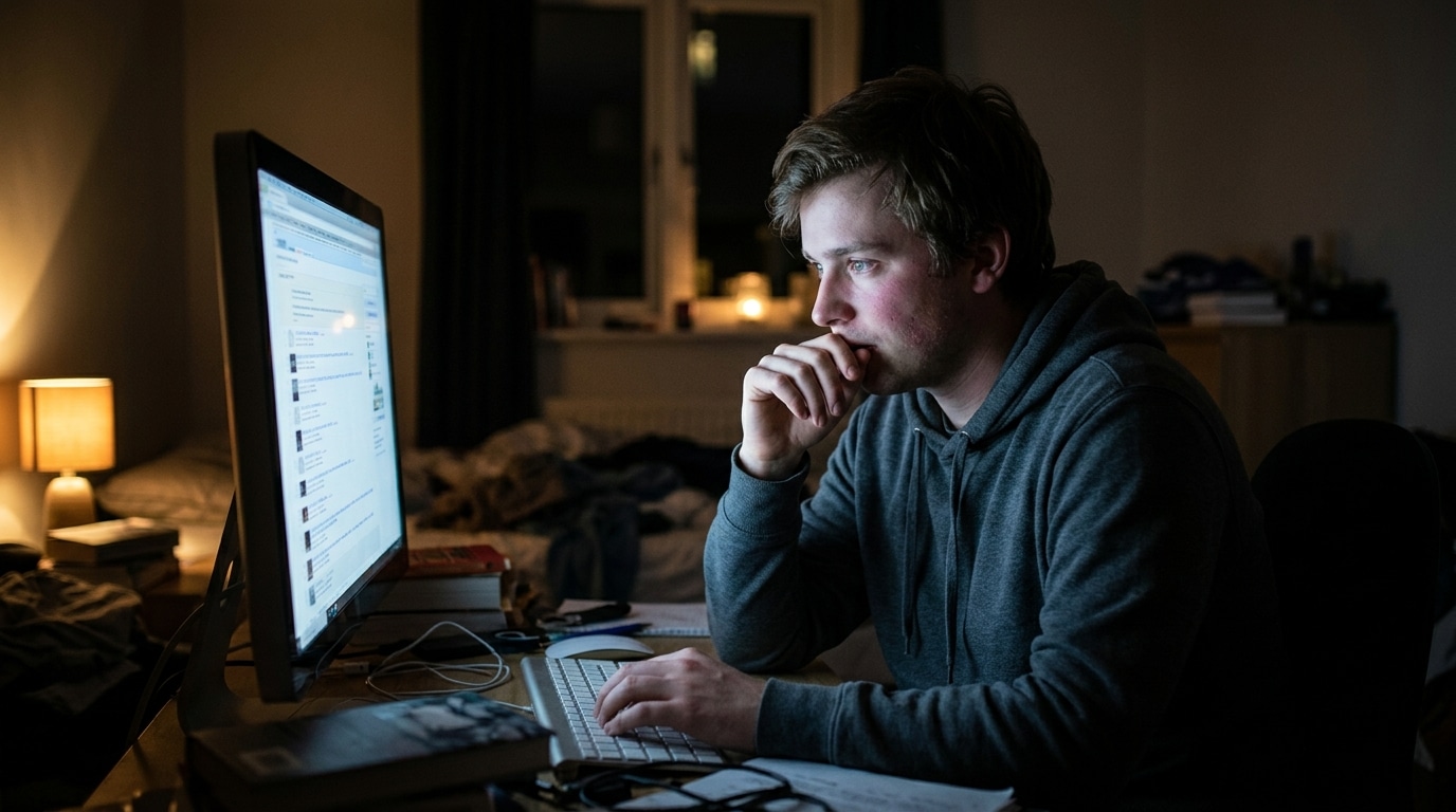 Jeune adulte seul devant un écran d'ordinateur la nuit