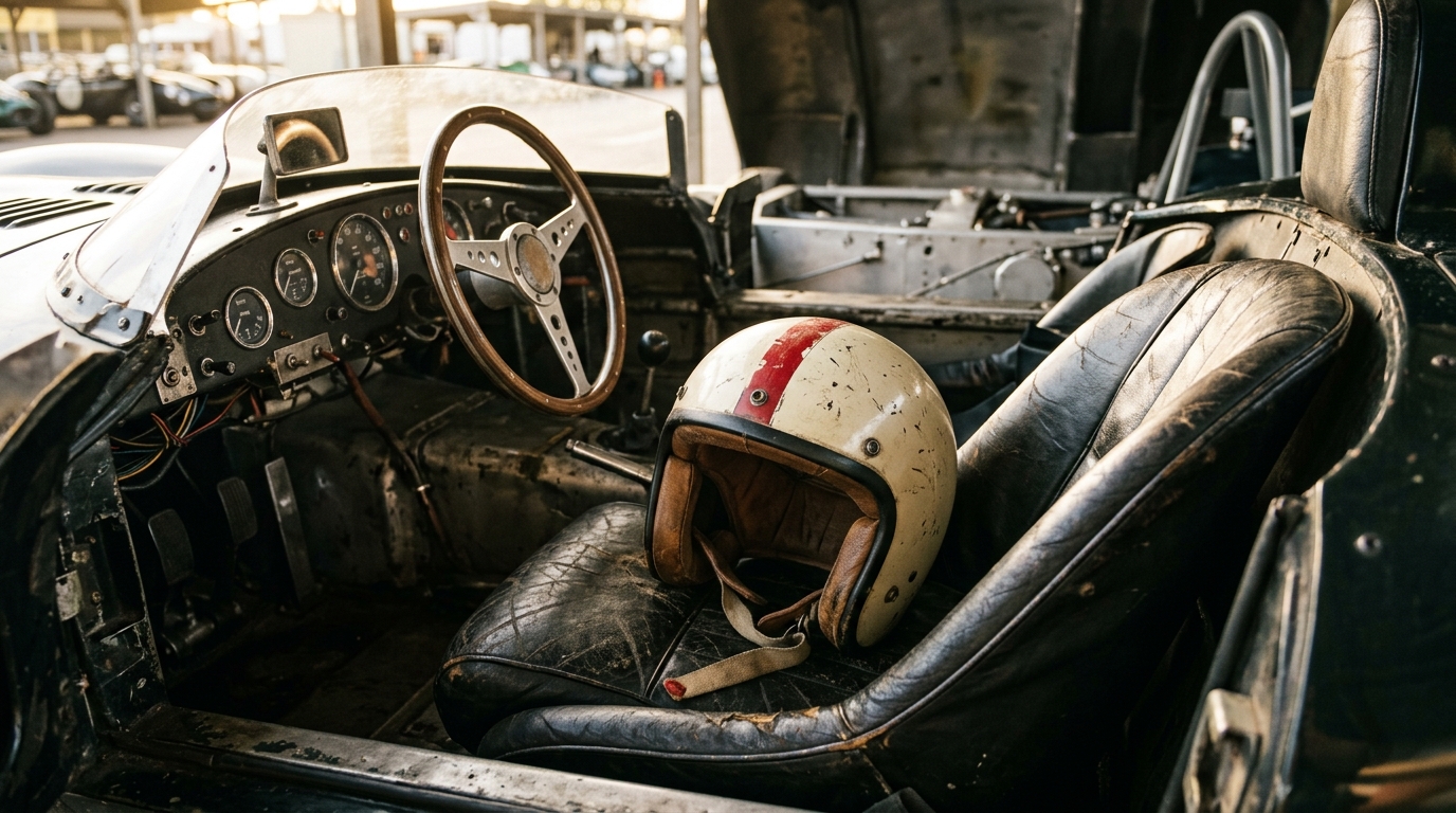 Casque de course posé dans un cockpit de voiture historique
