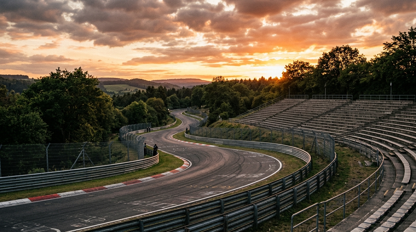 Circuit automobile historique avec barrières de sécurité au coucher du soleil