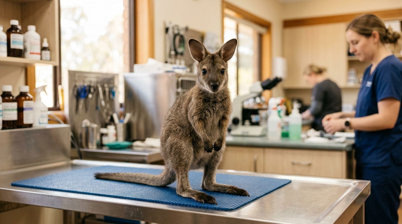 Jeune wallaby debout sur table d'examen vétérinaire
