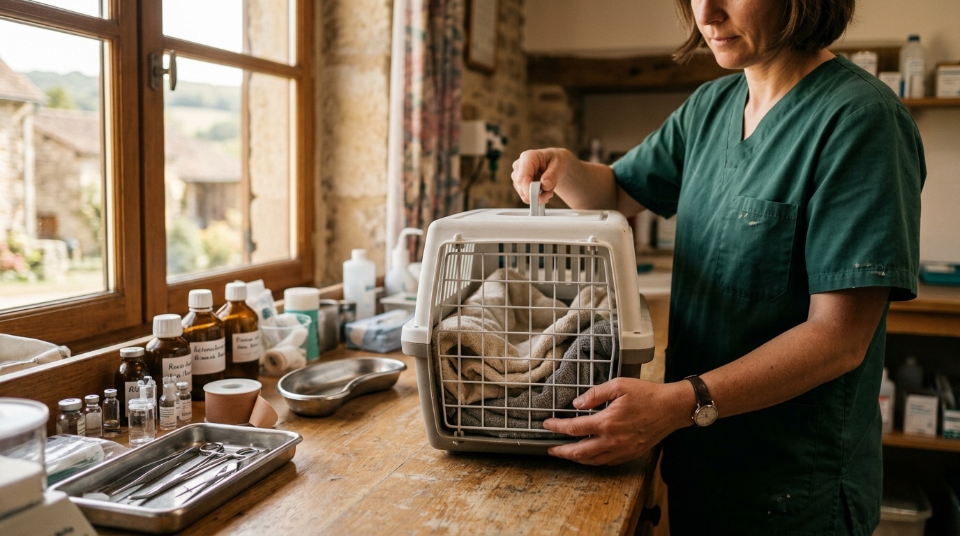 Cage de transport avec serviettes dans clinique vétérinaire