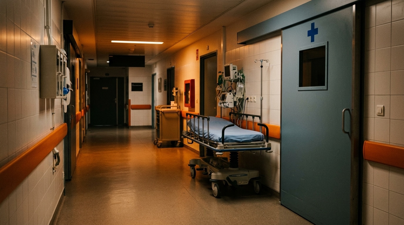 Couloir vide d'une clinique avec porte de bloc opératoire