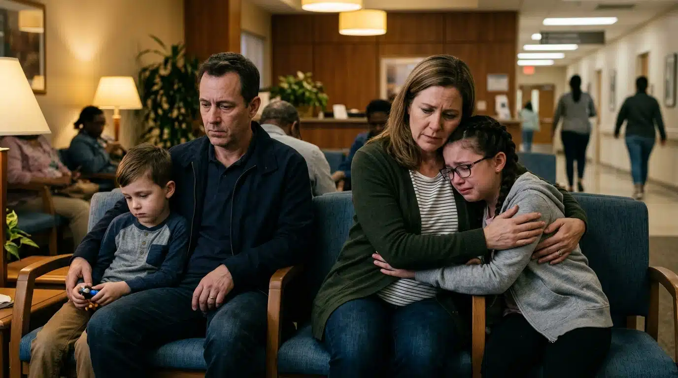 Famille inquiète dans une salle d'attente d'hôpital