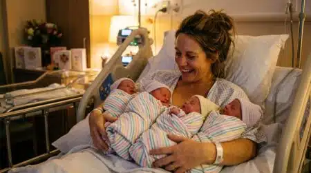 Mère australienne avec ses quadruplées identiques nouveau-nées