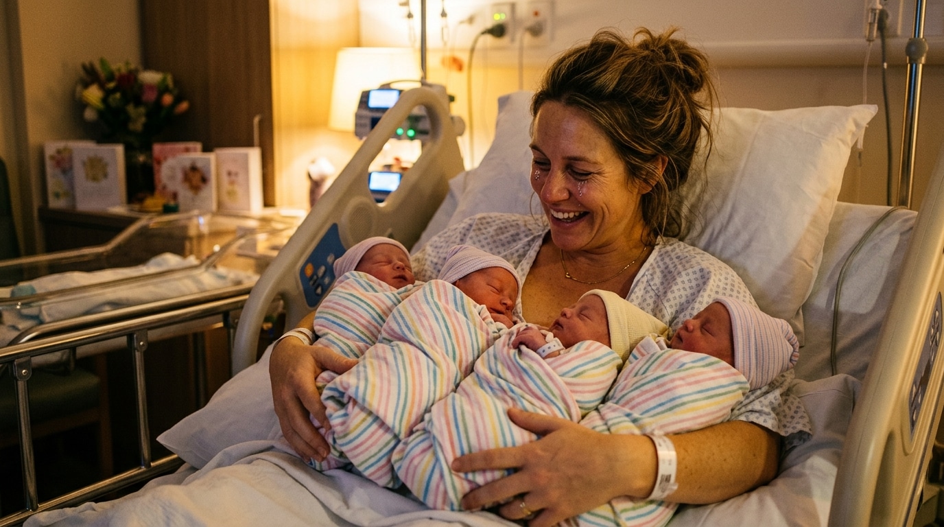 Mère australienne avec ses quadruplées identiques nouveau-nées