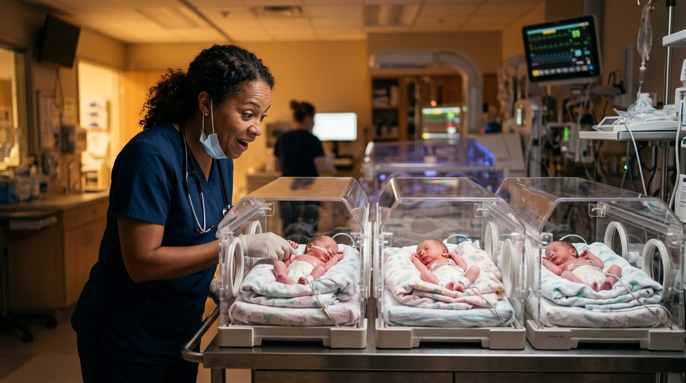 Médecin émerveillé devant quatre bébés identiques en couveuse