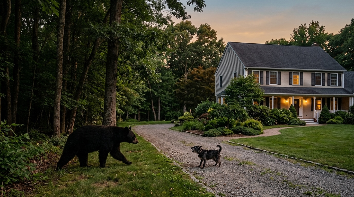 Ours noir approchant d'une maison au crépuscule