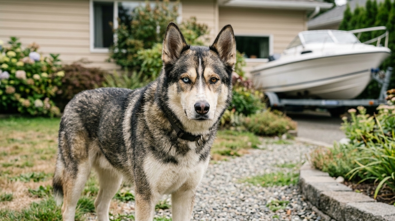 Chienne husky au regard protecteur dans un jardin