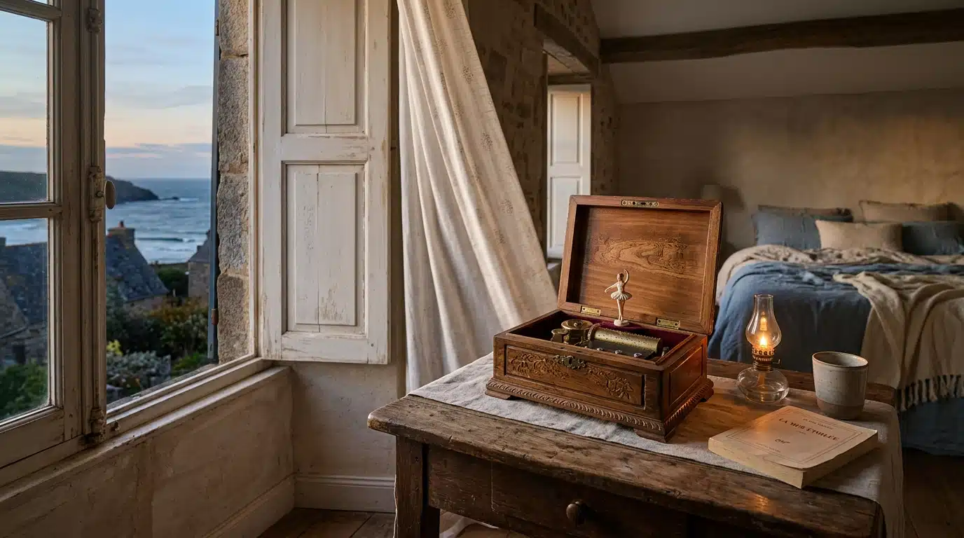 Boîte à musique ouverte près d'un volet entrouvert