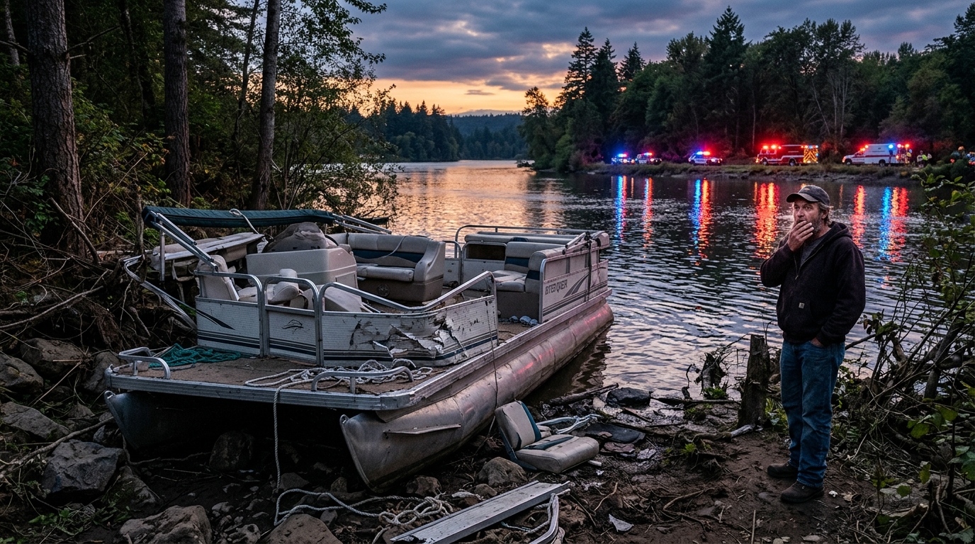 Bateau échoué et endommagé sur la rive au crépuscule