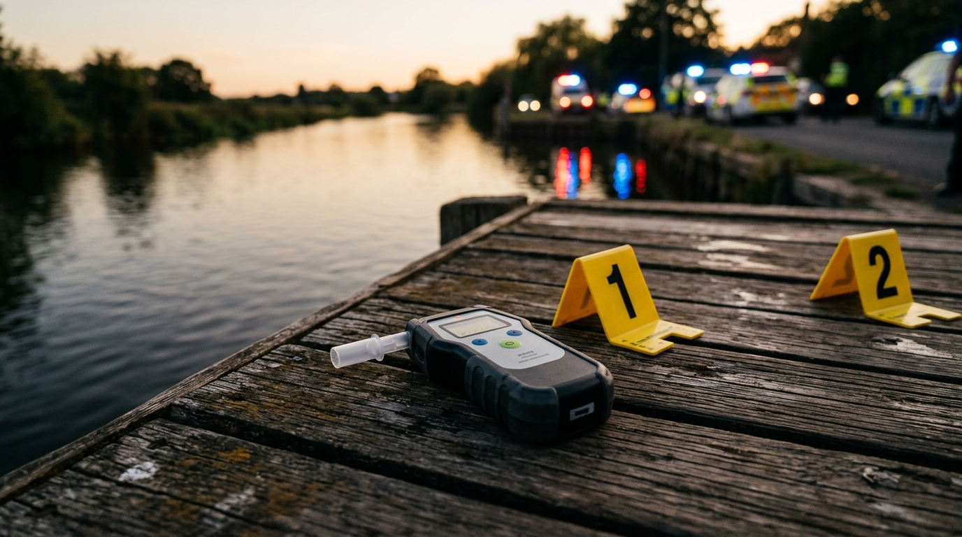 Éthylotest et scène d'enquête sur un ponton