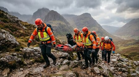 Secouristes portant une civière avec un chien sur le Ben Nevis