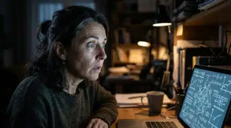 Chercheur stupéfait devant un écran d'ordinateur la nuit