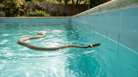 Couleuvre nageant à la surface d'une piscine turquoise