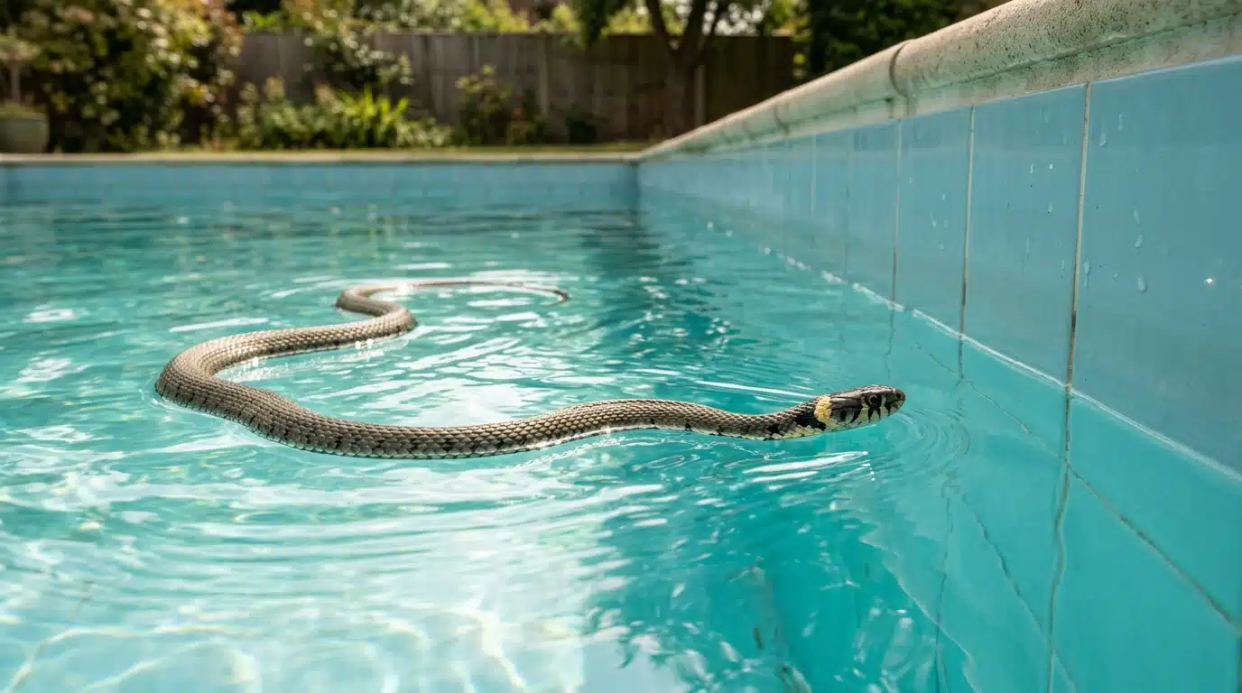 Couleuvre nageant à la surface d'une piscine turquoise