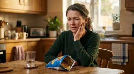 Femme ressentant une douleur en mangeant des chips