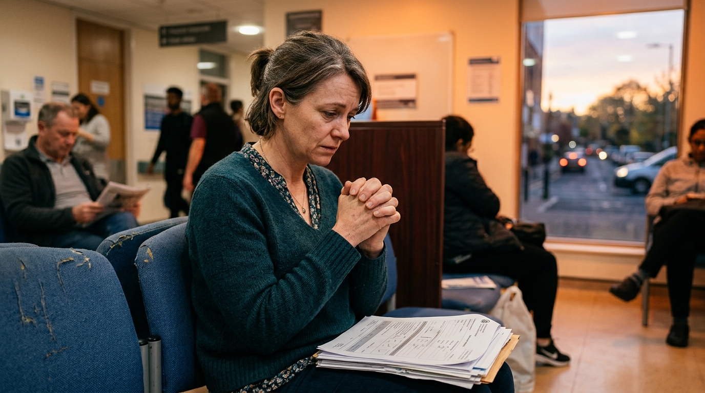 Femme inquiète en salle d'attente d'hôpital