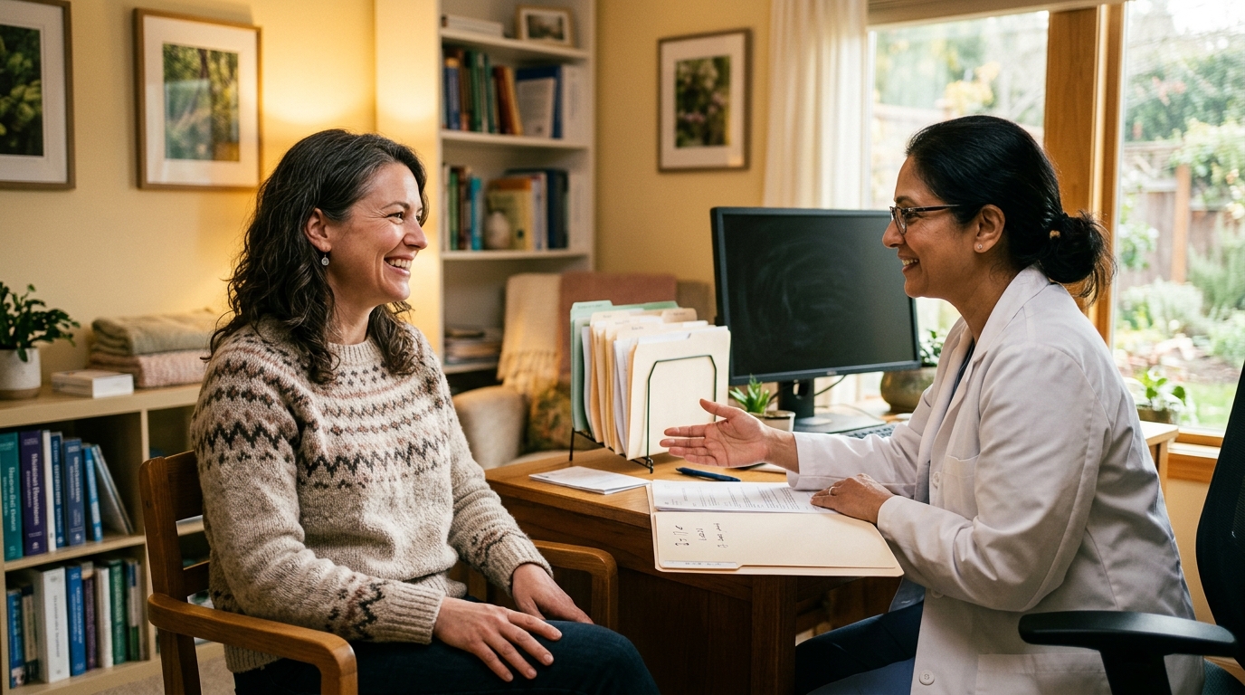 Femme souriante lors d'une consultation médicale de suivi