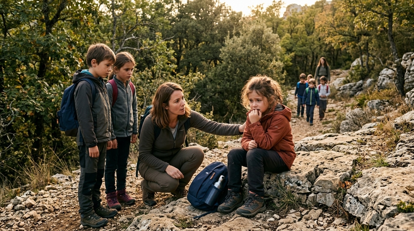 Fillette assise sur des rochers lors d'une sortie scolaire