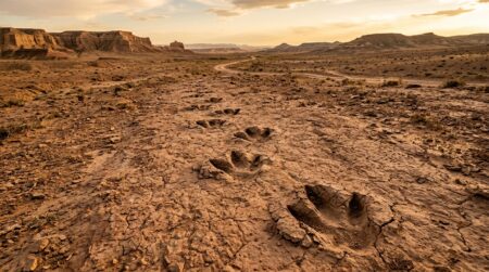 Empreintes fossilisées de dinosaure dans la roche mongole
