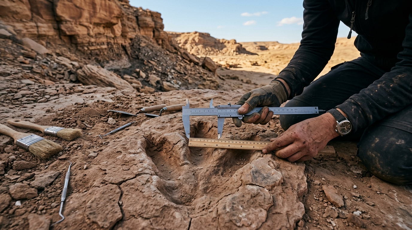 Mains mesurant une empreinte fossile sur un site de fouilles
